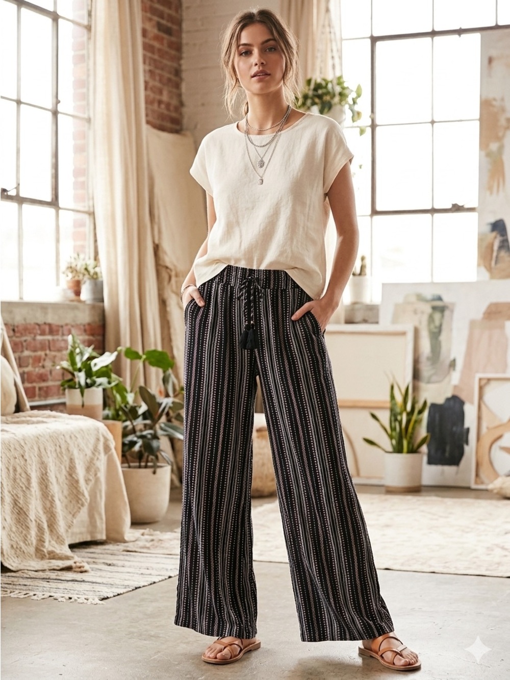 Knox Rose Navy & White Striped Wide-Leg Pants